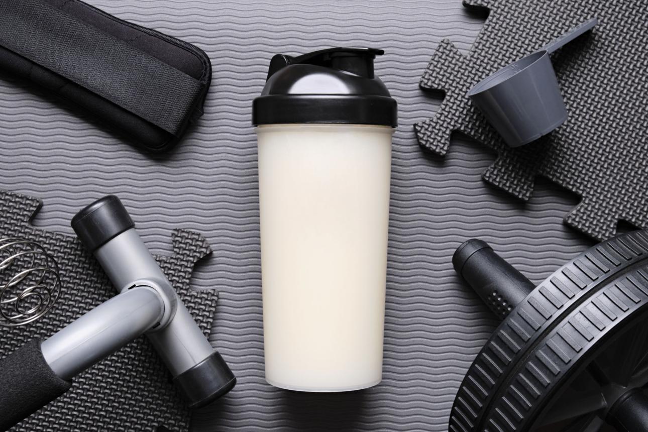 Fitness protein powder, shaker bottle, and gym equipment